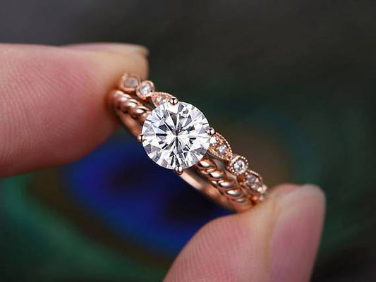 The Grace Set — Round Lab Diamond Vintage Wedding Ring Set VI
