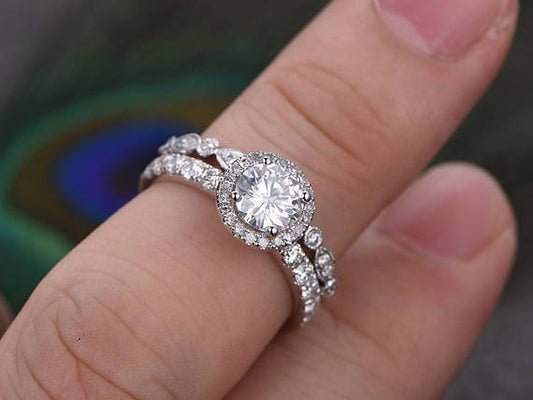 The Grace Set — Round Lab Diamond Vintage Wedding Ring Set V