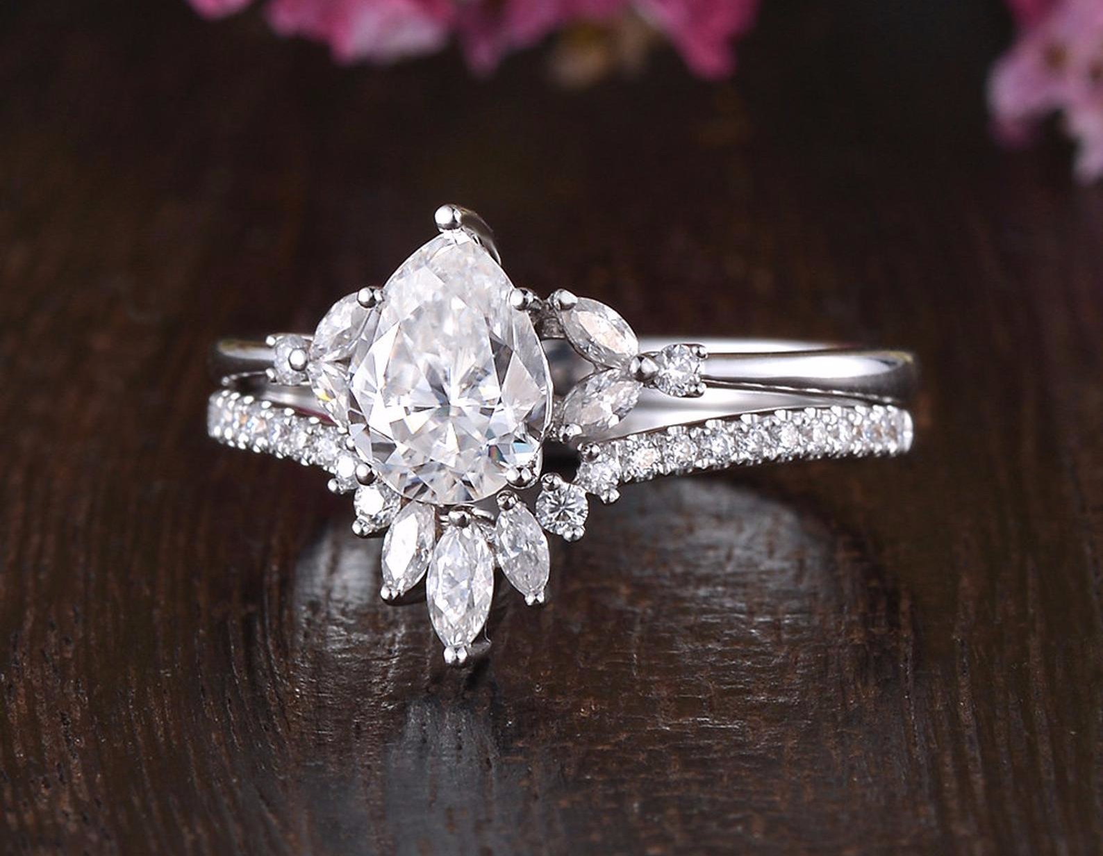 The Violet Set — Pear Lab Diamond Vintage Wedding Ring Set XIII