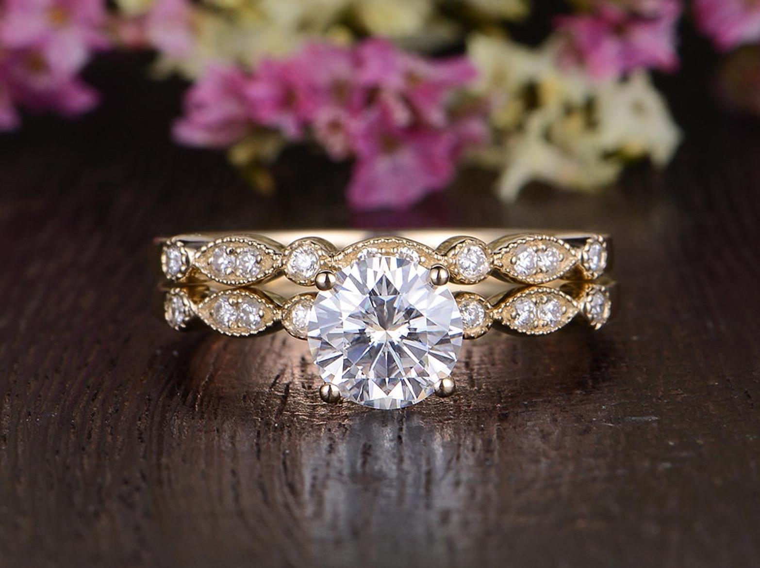 The Grace Set — Round Lab Diamond Vintage Wedding Ring Set III
