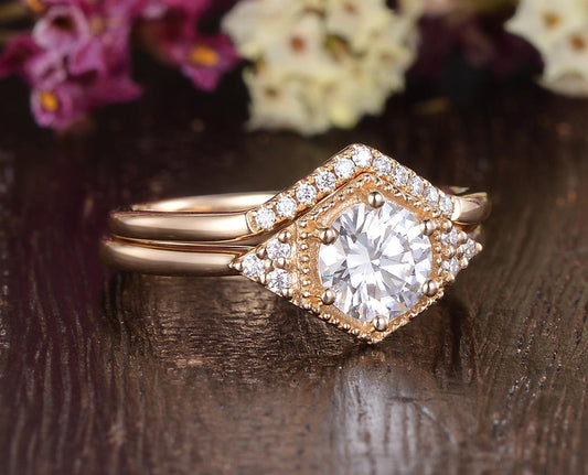 The Grace Set — Round Lab Diamond Vintage Wedding Ring Set II