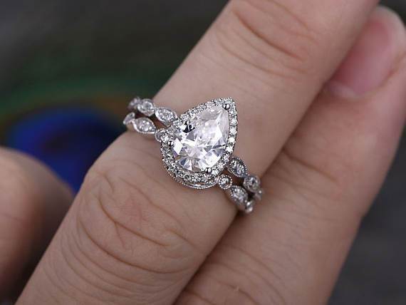 The Violet Set — Pear Lab Diamond Vintage Wedding Ring Set XII
