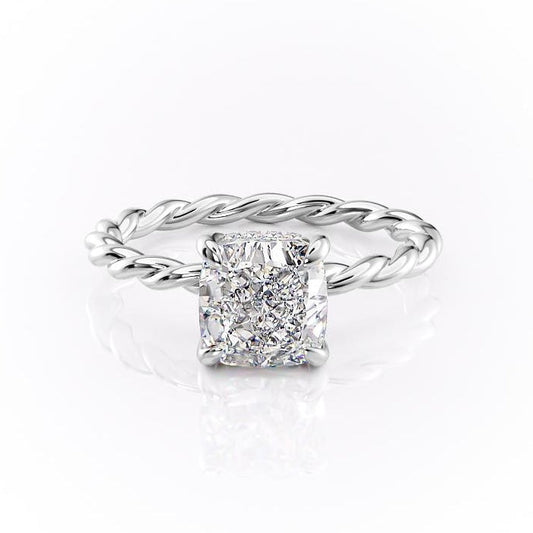 The Elise — Cushion Lab Diamond Twisted Band Secret Halo Engagement Ring II