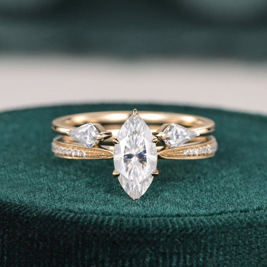 The Juliet Set — Marquise Lab Diamond Vintage Wedding Ring Set II