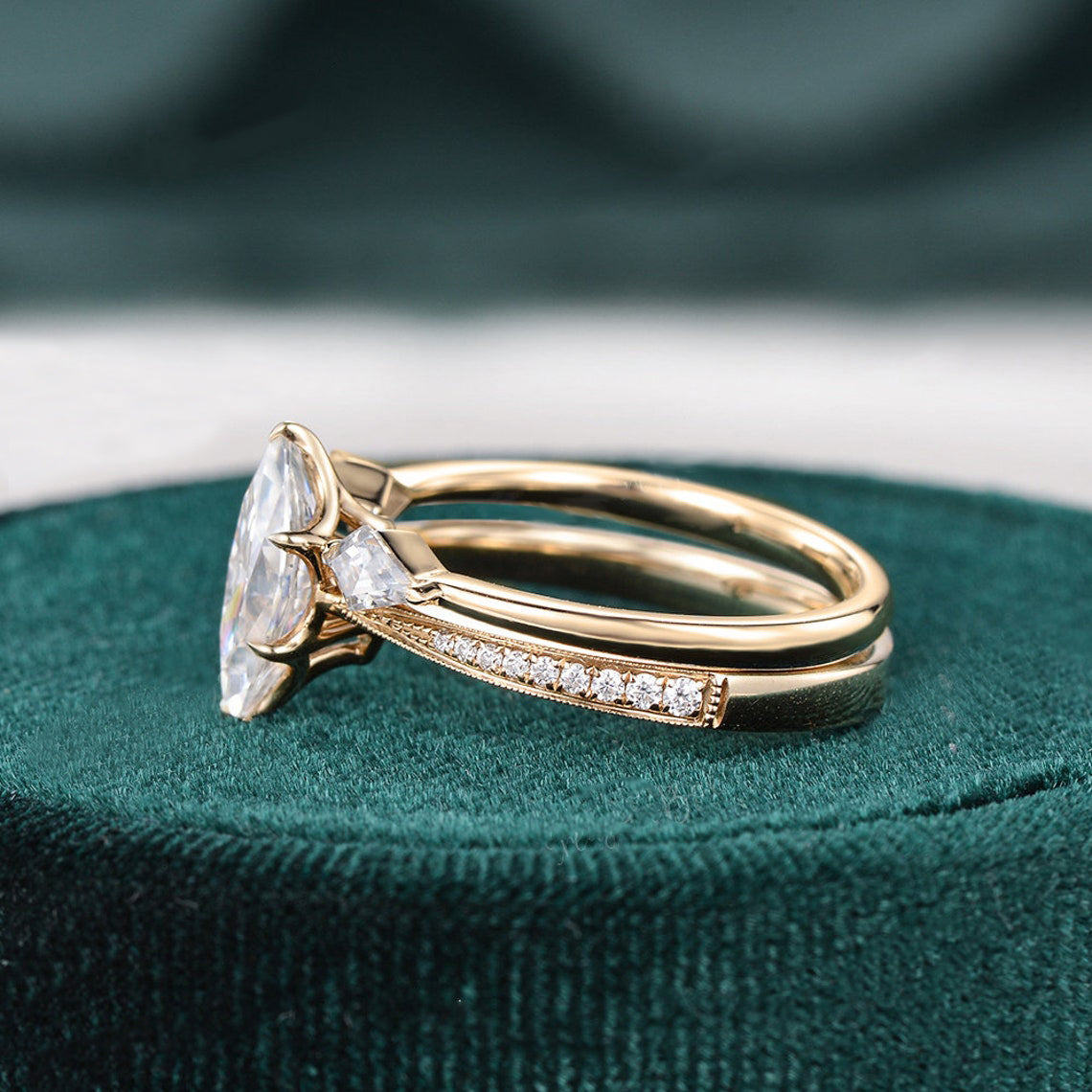 The Juliet Set — Marquise Lab Diamond Vintage Wedding Ring Set II