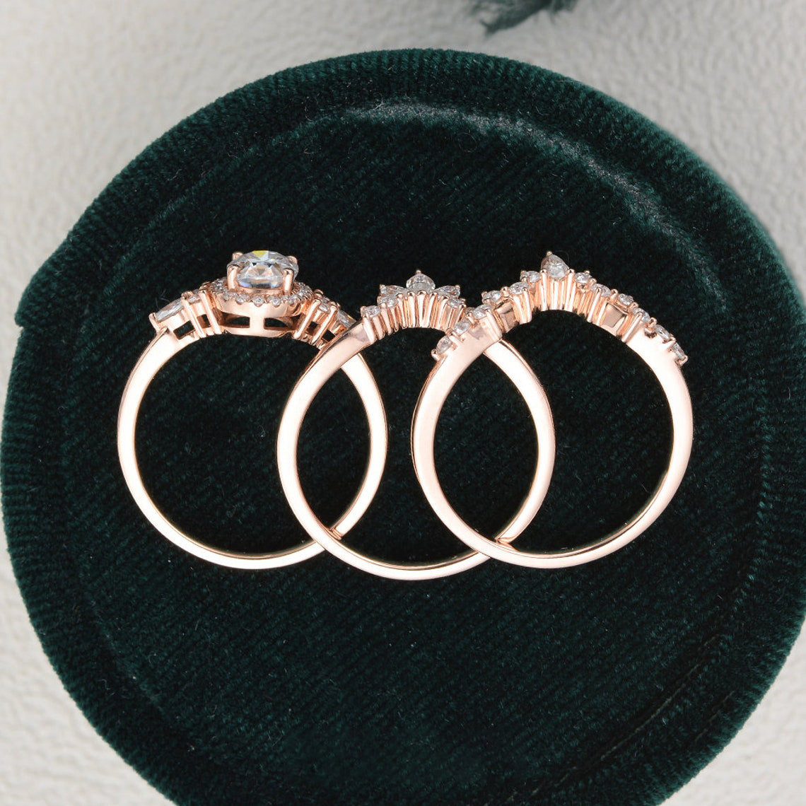 The Violet Set — Oval Lab Diamond 3-Piece Vintage Wedding Ring Set IV