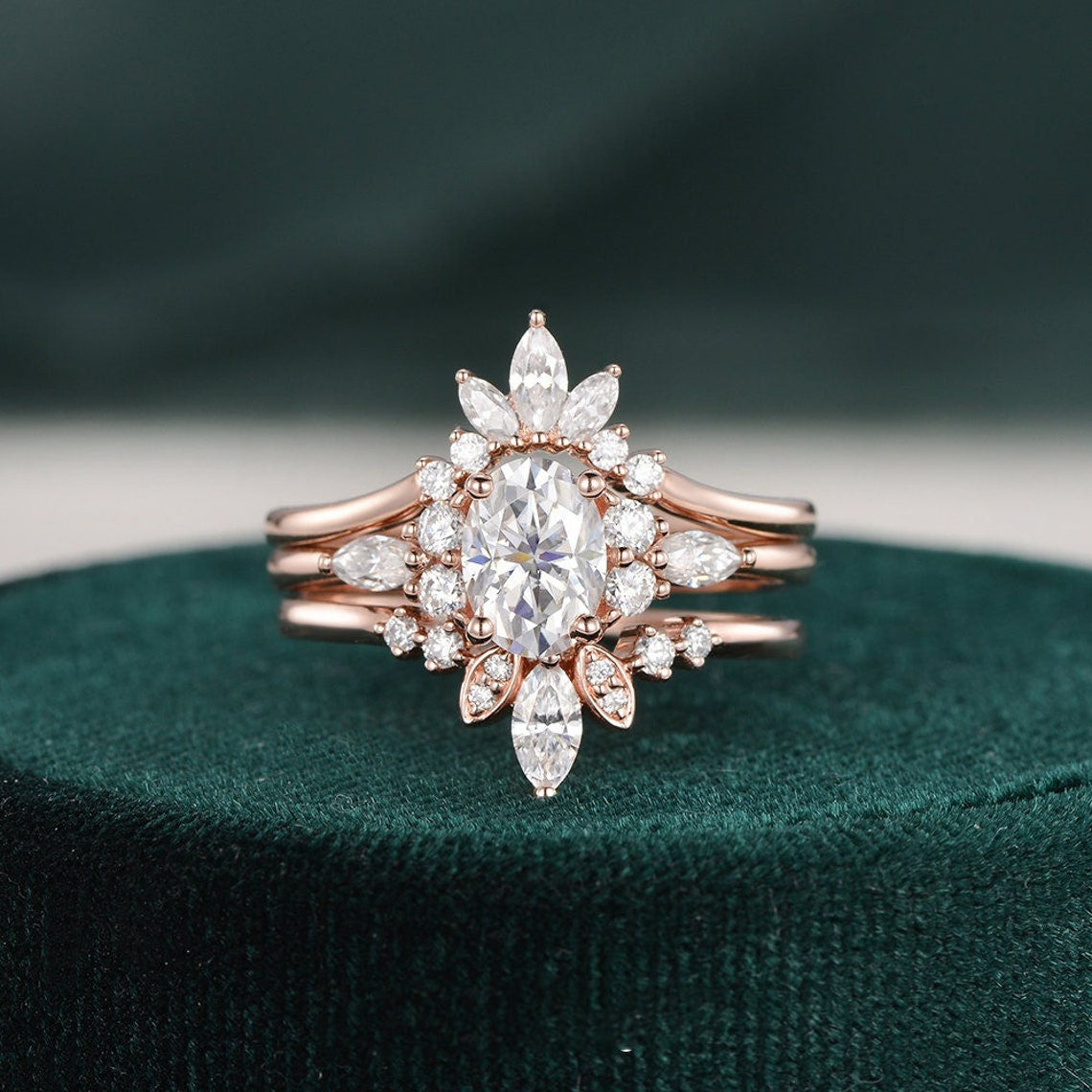 The Violet Set — Oval Lab Diamond 3-Piece Vintage Wedding Ring Set