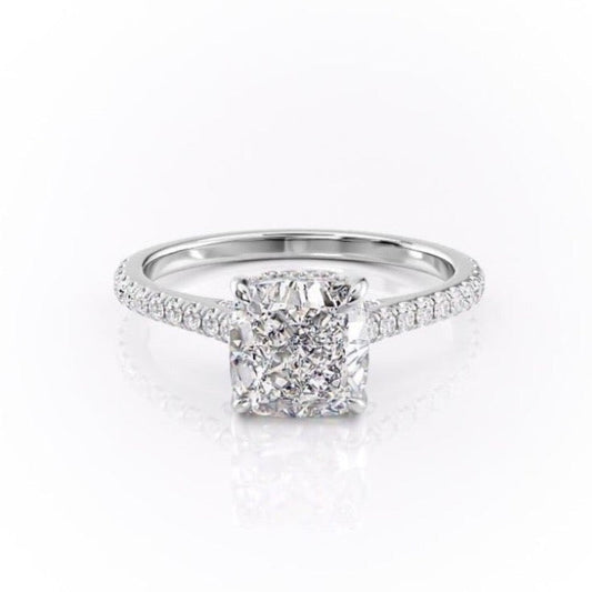 The Celeste — Cushion Lab Diamond Pavé Shoulder Secret Halo Engagement Ring V
