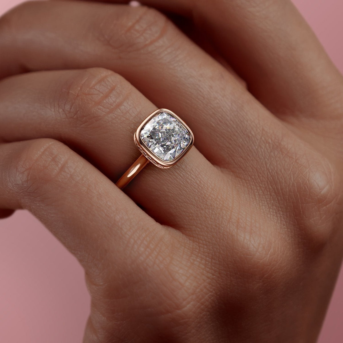The Eva — Cushion Lab Diamond Bezel Secret Halo Engagement Ring