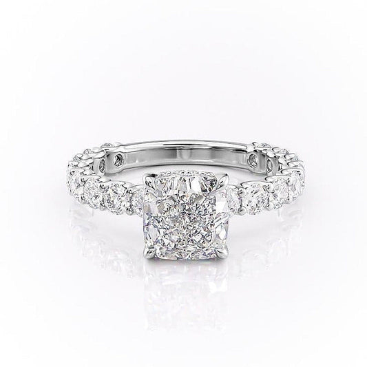 The Celeste — Cushion Lab Diamond Pavé Shoulder Secret Halo Engagement Ring