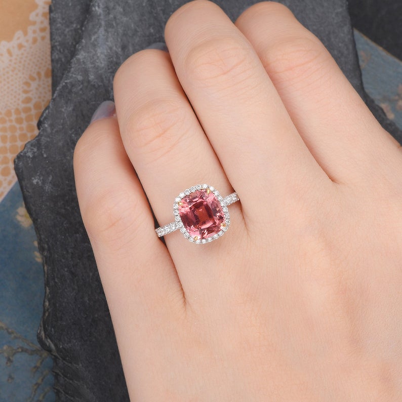 The Juliet — Cushion Red Tourmaline Halo Ring