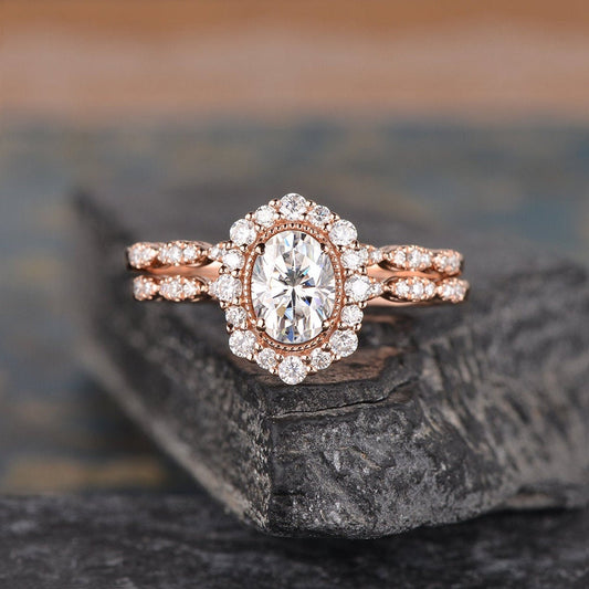 The Grace Set — Oval Lab Diamond Vintage Bridal Ring Set