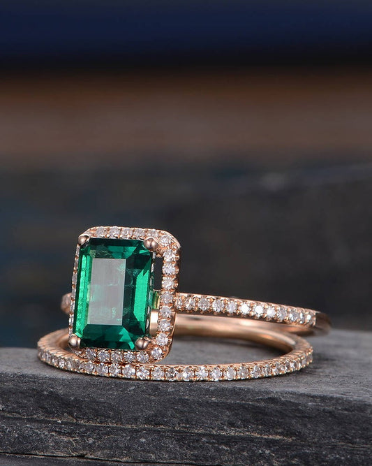The Grace Set — Emerald Lab Emerald & Lab Diamond Bridal Ring Set