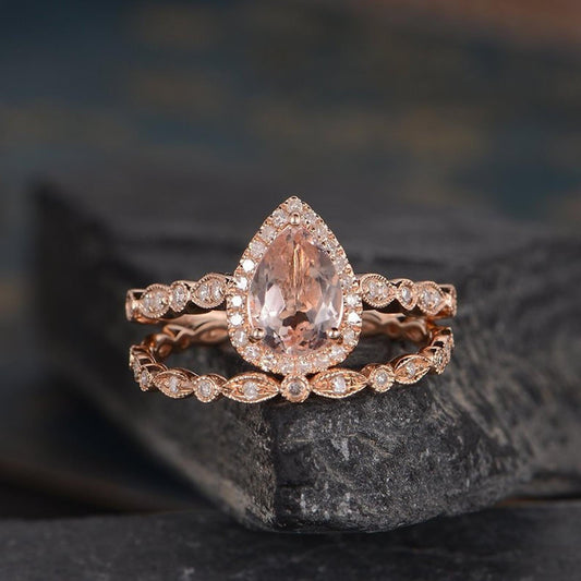 The Juliet Set — Pear Morganite Art Deco Bridal Ring Set