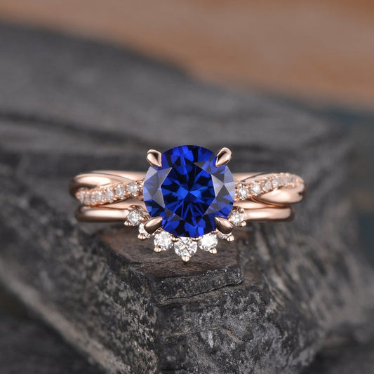 The Aria Set — Round Lab Blue Sapphire Vintage Bridal Ring Set