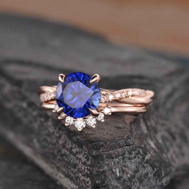 The Aria Set — Round Lab Blue Sapphire Vintage Bridal Ring Set
