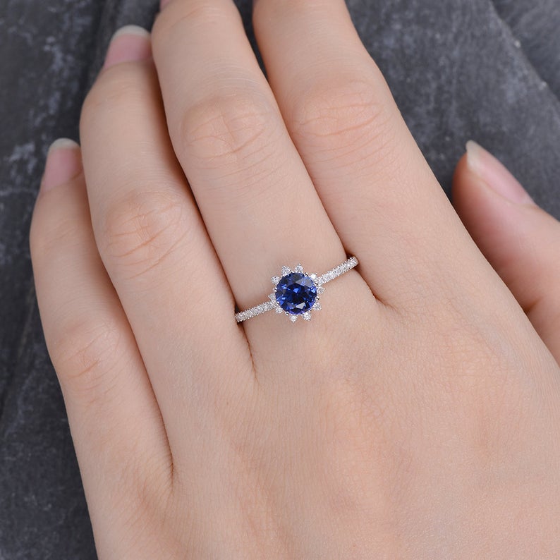 The Aria — Round Lab Blue Sapphire Vintage Halo Ring