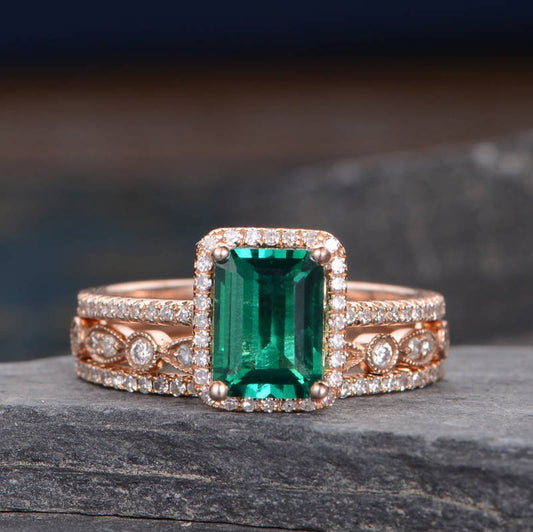 The Grace Set — Emerald Lab Emerald Vintage Bridal Ring Set II