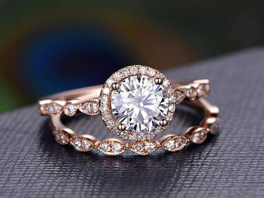 The Grace Set — Round Lab Diamond Vintage Halo Wedding Ring Set