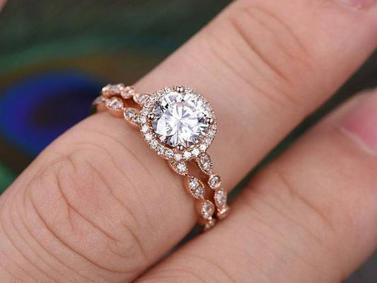 The Grace Set — Round Lab Diamond Vintage Halo Wedding Ring Set