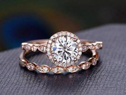 The Grace Set — Round Lab Diamond Vintage Halo Wedding Ring Set