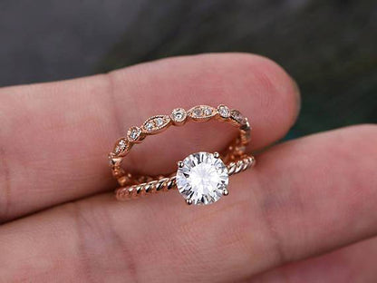 The Grace Set — Round Lab Diamond Vintage Wedding Ring Set VI