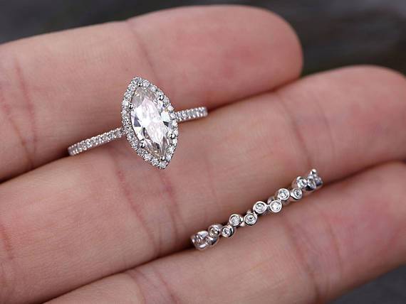 The Aurora Set — Marquise Lab Diamond Halo Wedding Ring Set