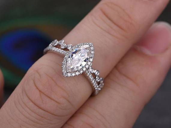 The Aurora Set — Marquise Lab Diamond Halo Wedding Ring Set