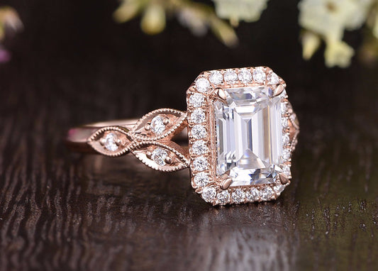 The Juliet — Emerald Lab Diamond Art Deco Halo Engagement Ring