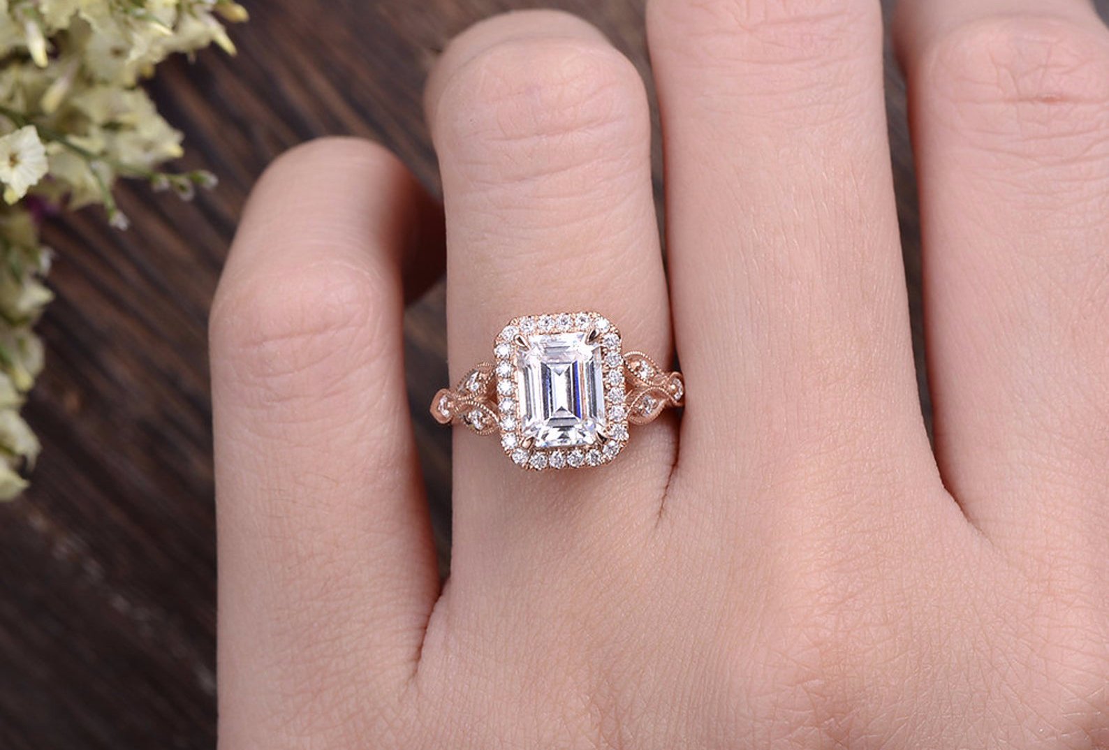 The Juliet — Emerald Lab Diamond Art Deco Halo Engagement Ring
