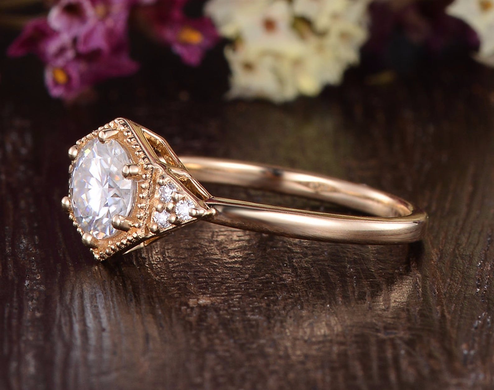 The Juliet — Round Lab Diamond Art Deco Trilogy Engagement Ring