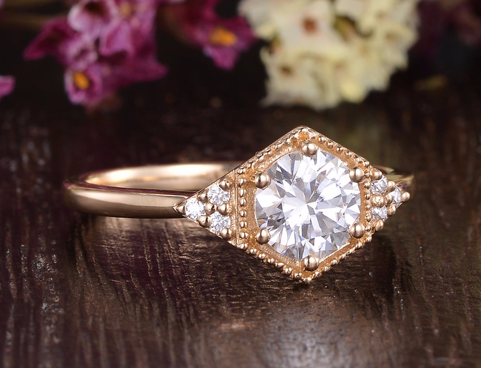 The Juliet — Round Lab Diamond Art Deco Trilogy Engagement Ring