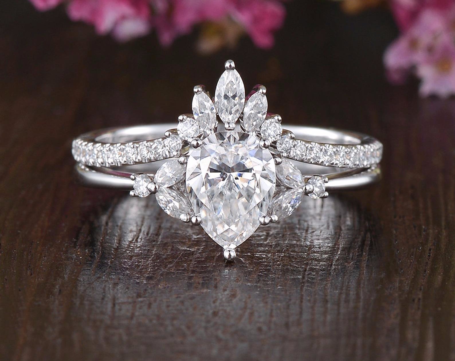 The Violet Set — Pear Lab Diamond Vintage Wedding Ring Set XIII