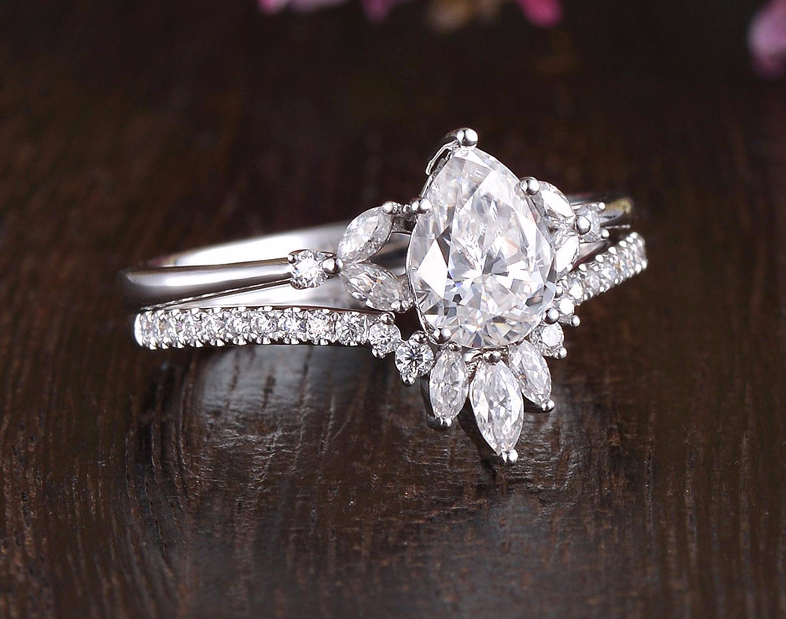 The Violet Set — Pear Lab Diamond Vintage Wedding Ring Set XIII