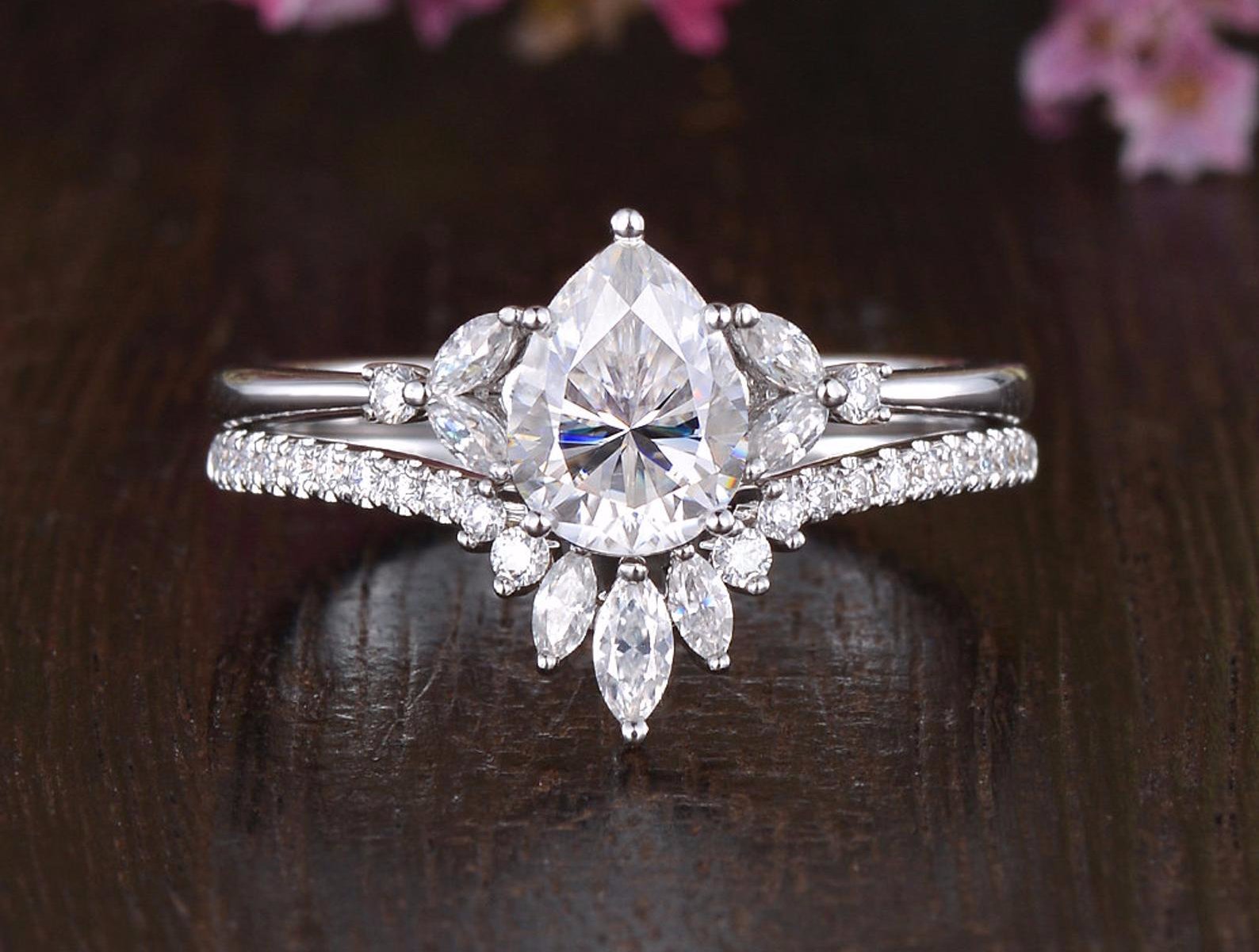The Violet Set — Pear Lab Diamond Vintage Wedding Ring Set XIII