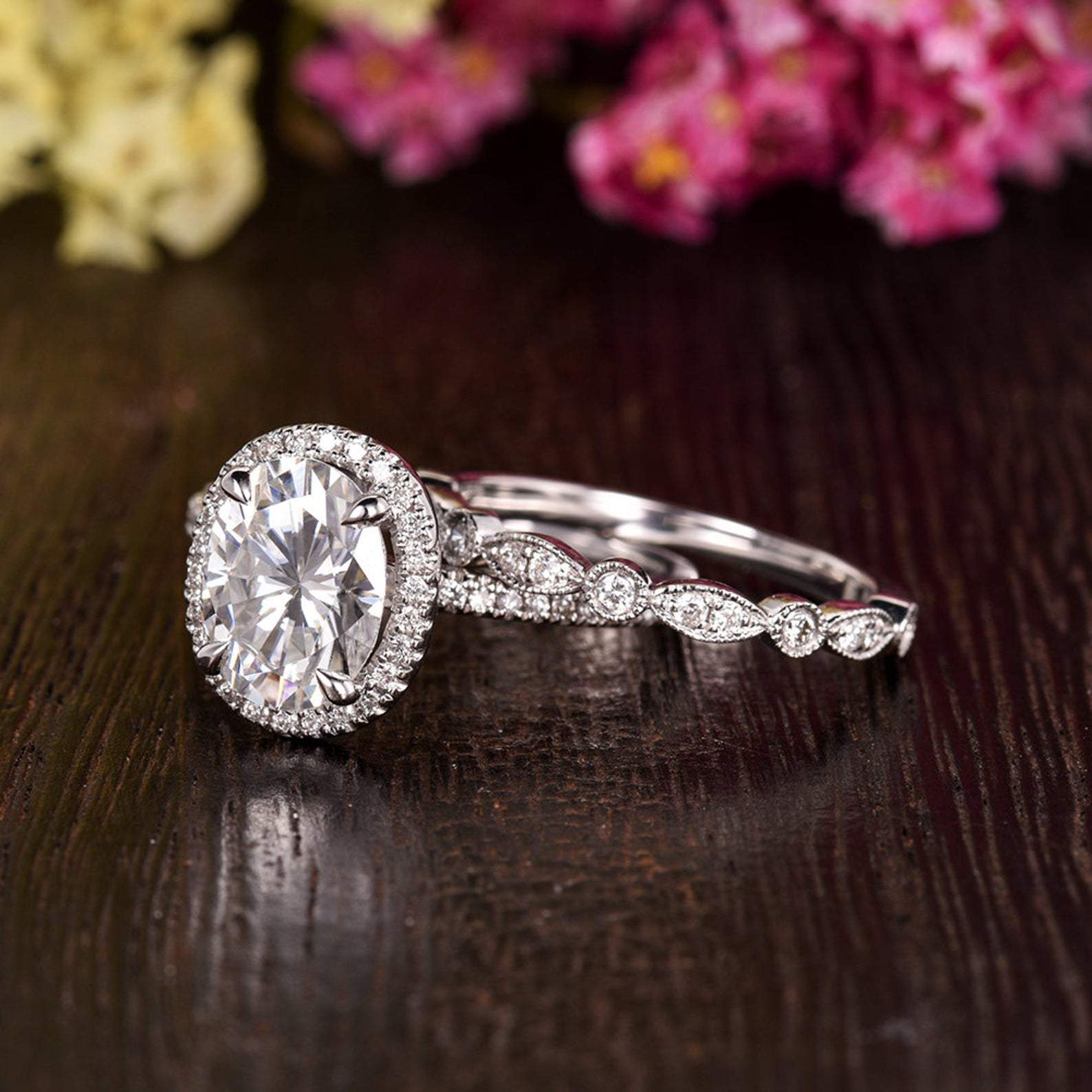 The Aurora Set — Oval Lab Diamond Halo Wedding Ring Set II