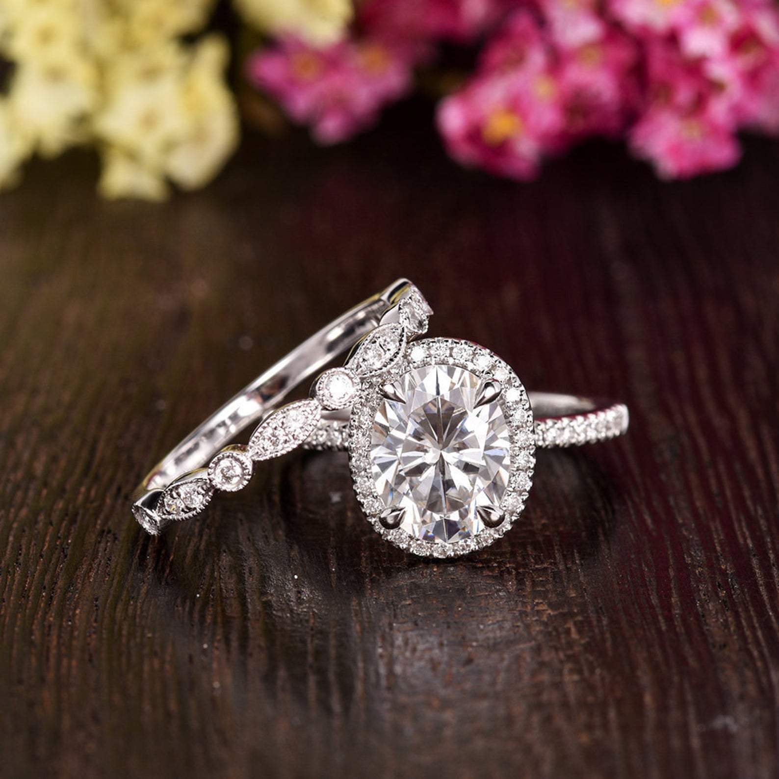 The Aurora Set — Oval Lab Diamond Halo Wedding Ring Set II