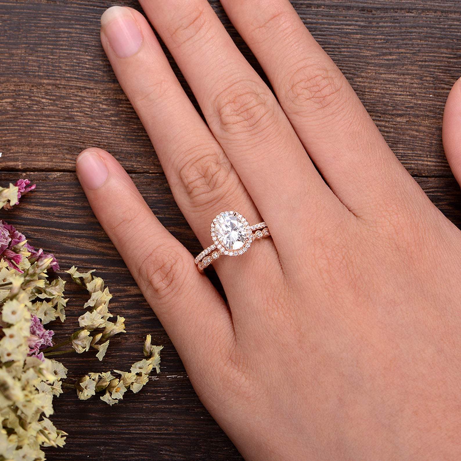The Aurora Set — Oval Lab Diamond Halo Wedding Ring Set II
