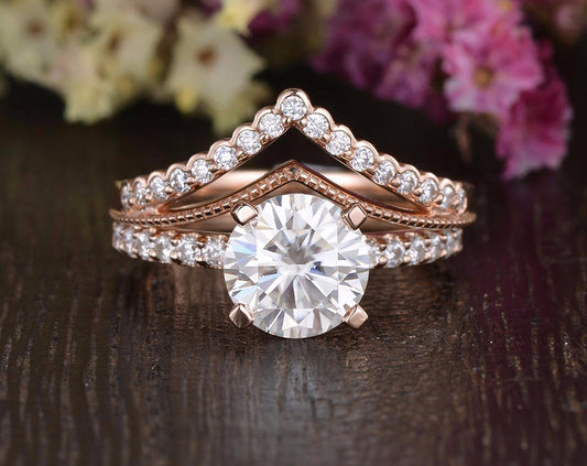 The Grace Set — Round Lab Diamond Vintage Wedding Ring Set IV