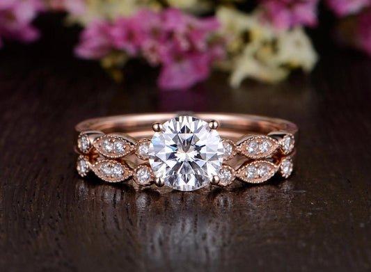 The Grace Set — Round Lab Diamond Vintage Wedding Ring Set III
