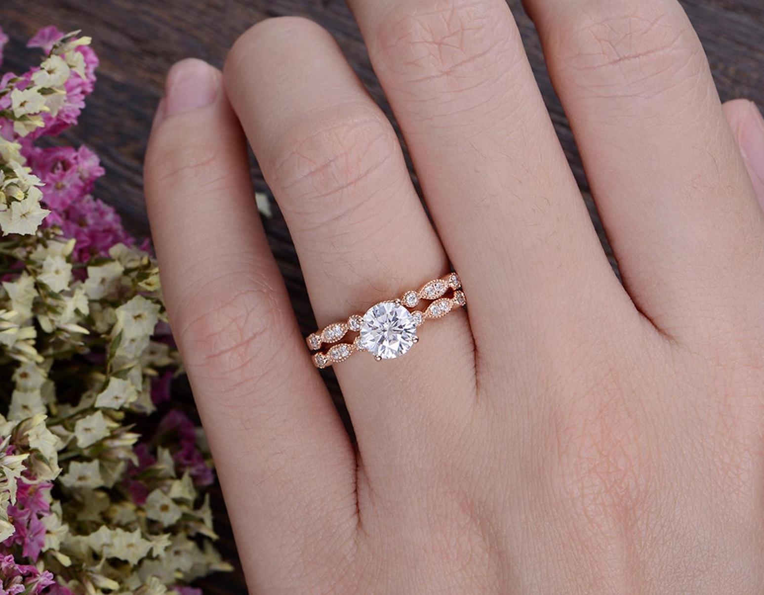 The Grace Set — Round Lab Diamond Vintage Wedding Ring Set III