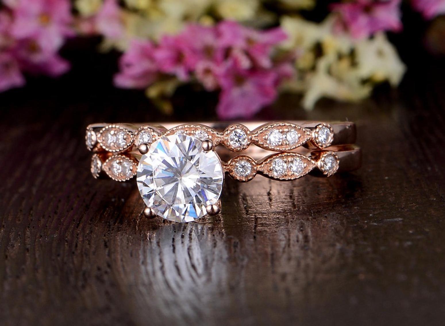 The Grace Set — Round Lab Diamond Vintage Wedding Ring Set III
