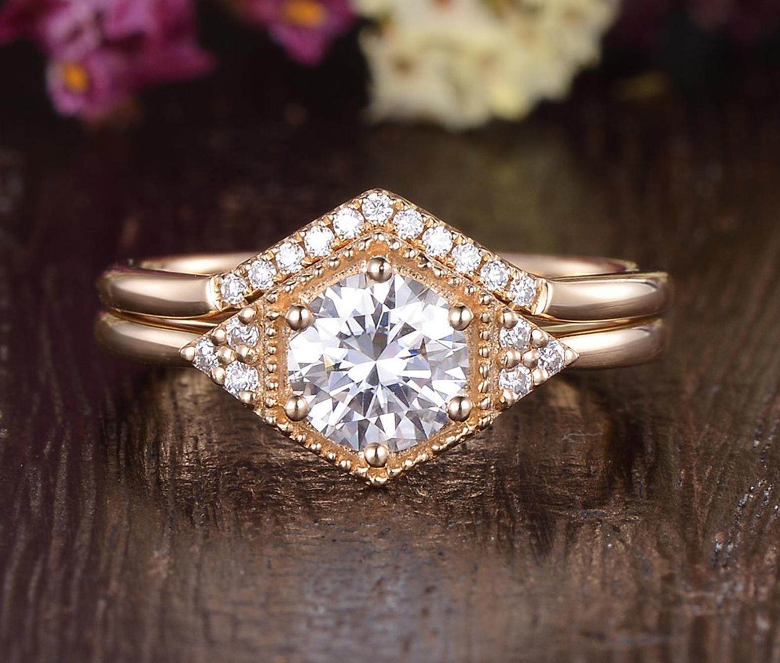 The Grace Set — Round Lab Diamond Vintage Wedding Ring Set II
