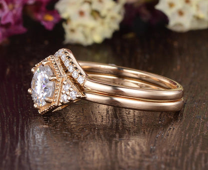The Grace Set — Round Lab Diamond Vintage Wedding Ring Set II