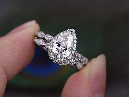 The Violet Set — Pear Lab Diamond Vintage Wedding Ring Set XII