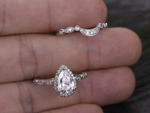 The Violet Set — Pear Lab Diamond Vintage Wedding Ring Set XII