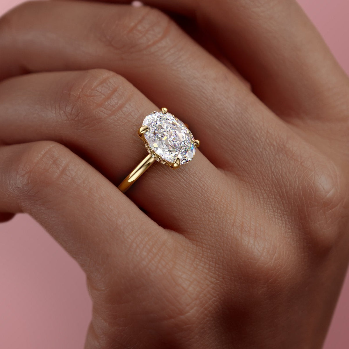 The Aria — Oval Lab Diamond Plain Band Secret Halo Engagement Ring III