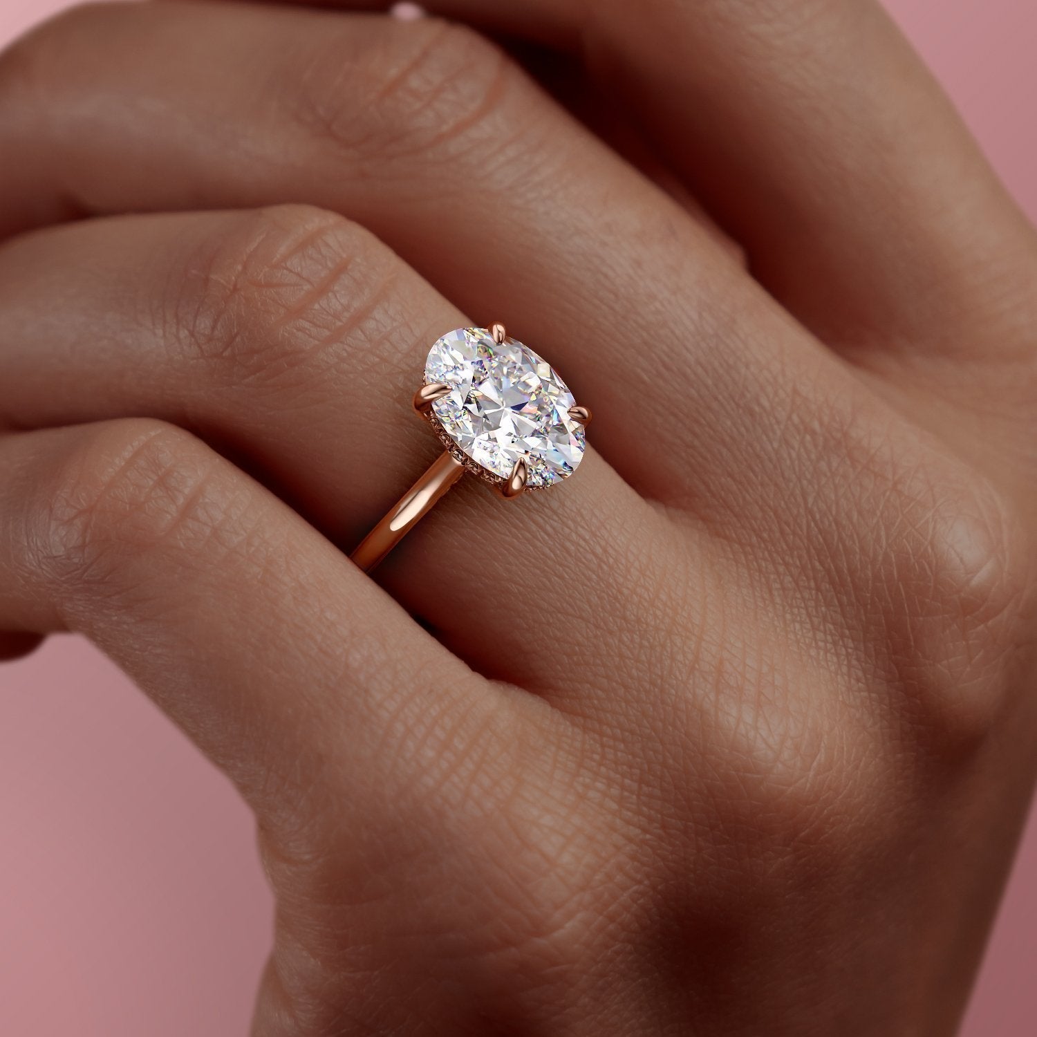 The Aria — Oval Lab Diamond Plain Band Secret Halo Engagement Ring