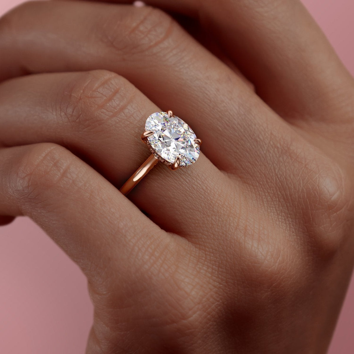 The Aria — Oval Lab Diamond Plain Band Secret Halo Engagement Ring