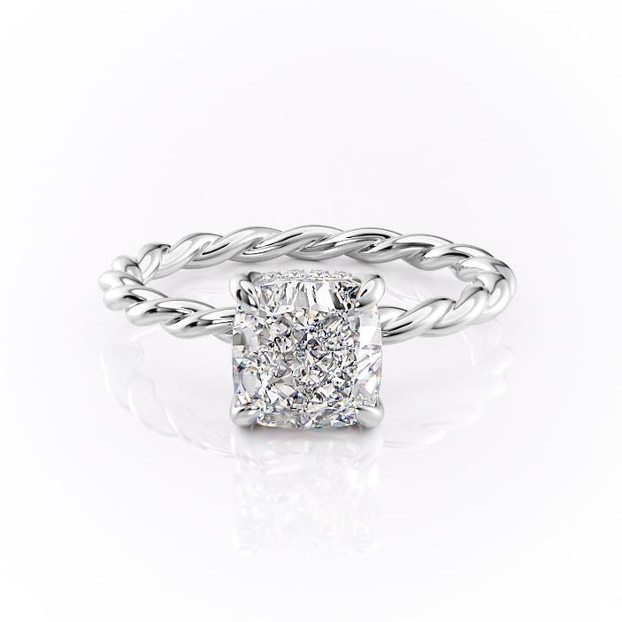 The Elise — Cushion Lab Diamond Twisted Band Secret Halo Engagement Ring II